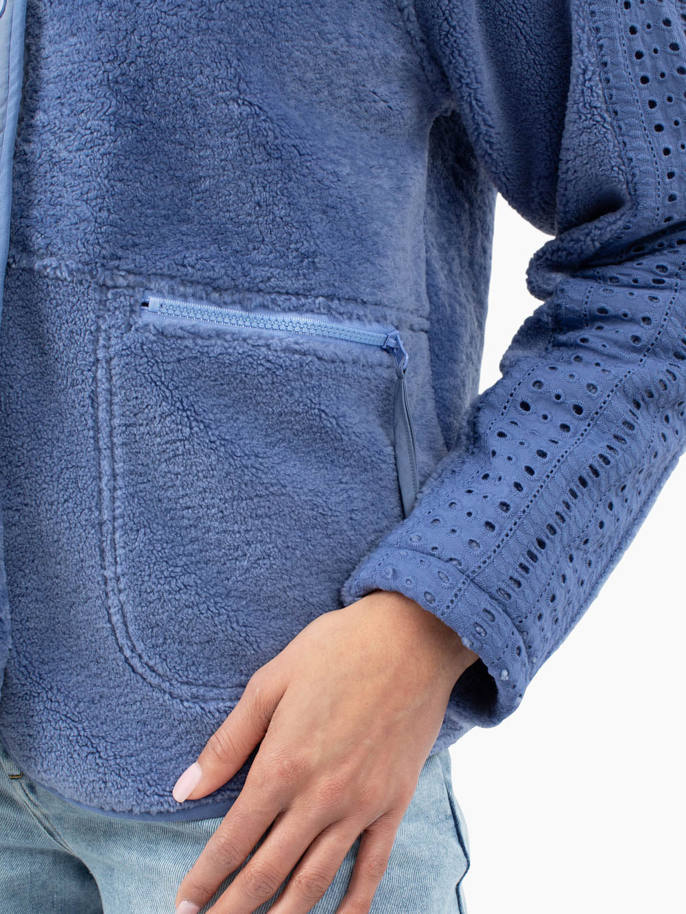 Eyelet sleeve detail on Juniper fleece jacket designed for tall women