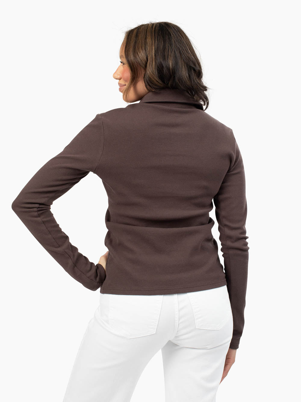 Back view of ribbed polo in espresso color designed for tall women