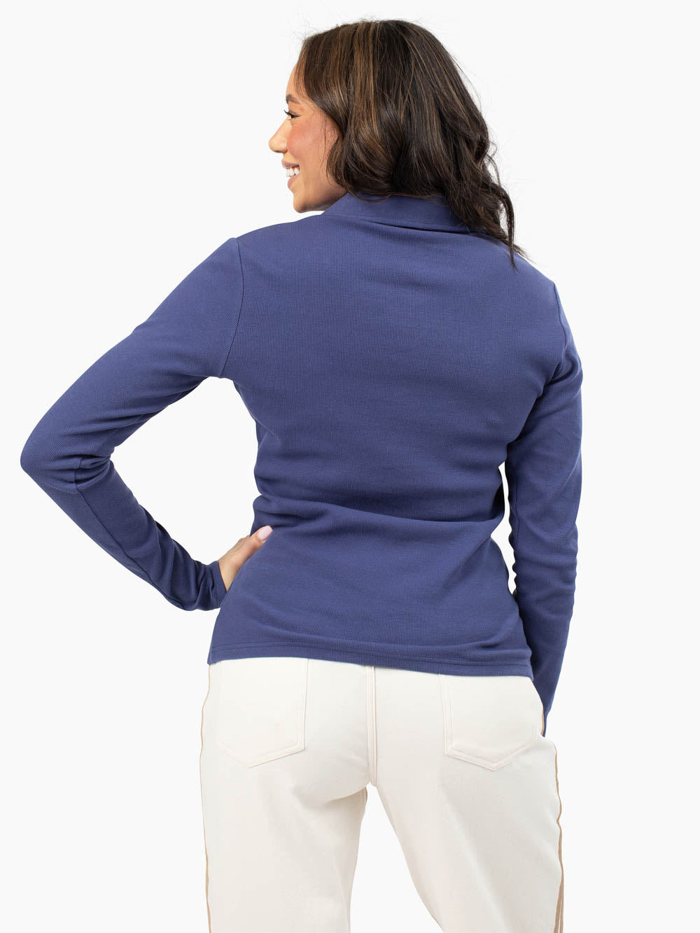 Back view of ribbed polo in harbor blue designed for tall women