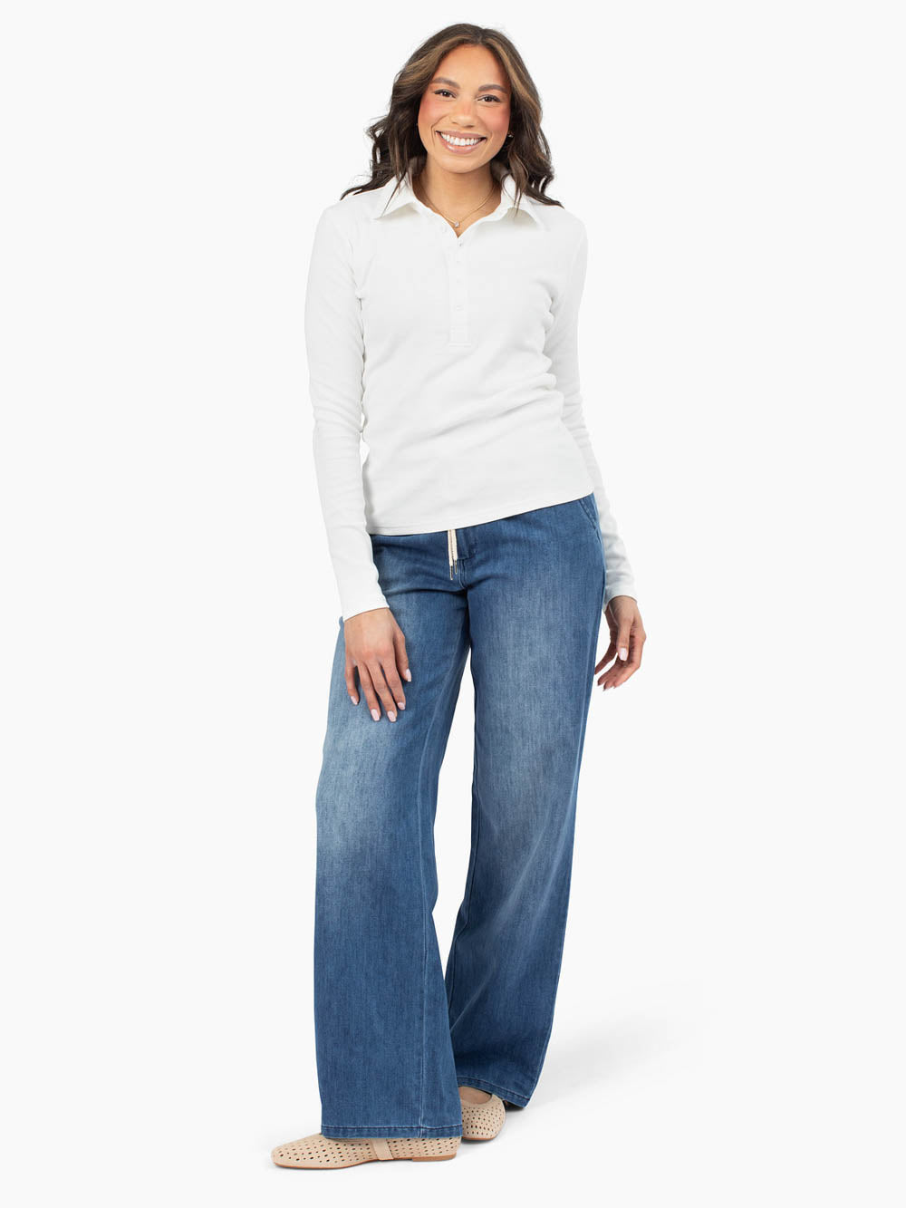 Essential Rib Polo styled with denim for tall women