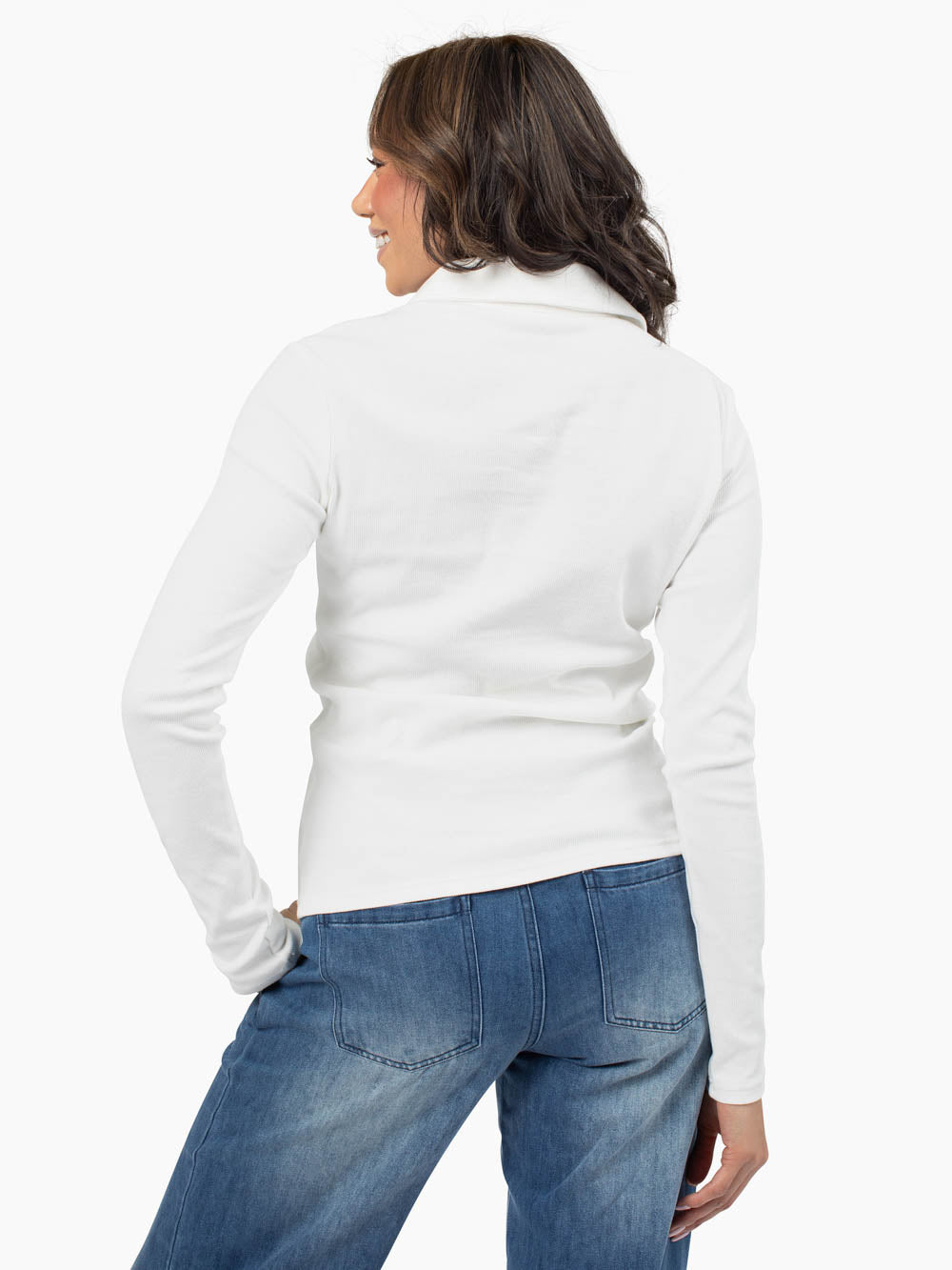 Back view of ribbed polo in white designed for tall women