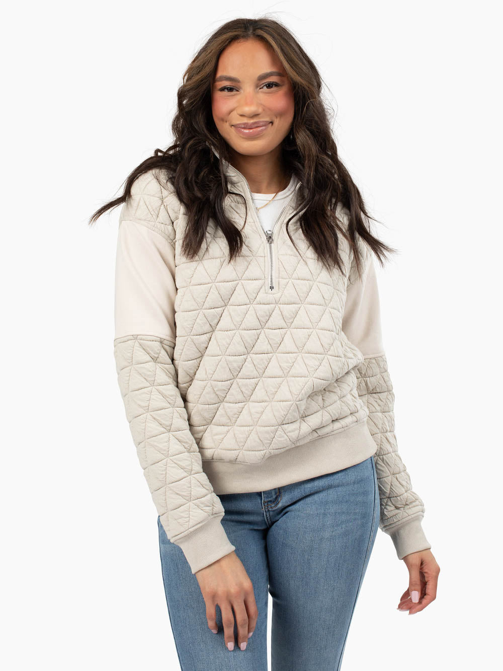 Mushroom quilted half zip sweatshirt for tall women front view