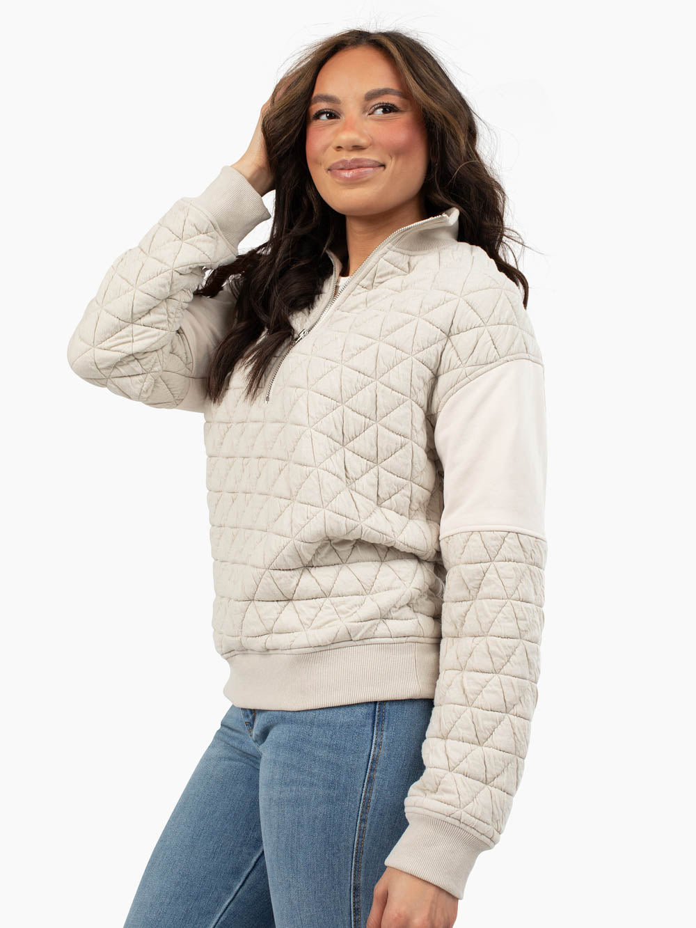 Side view of mushroom quilted half zip sweatshirt for tall women