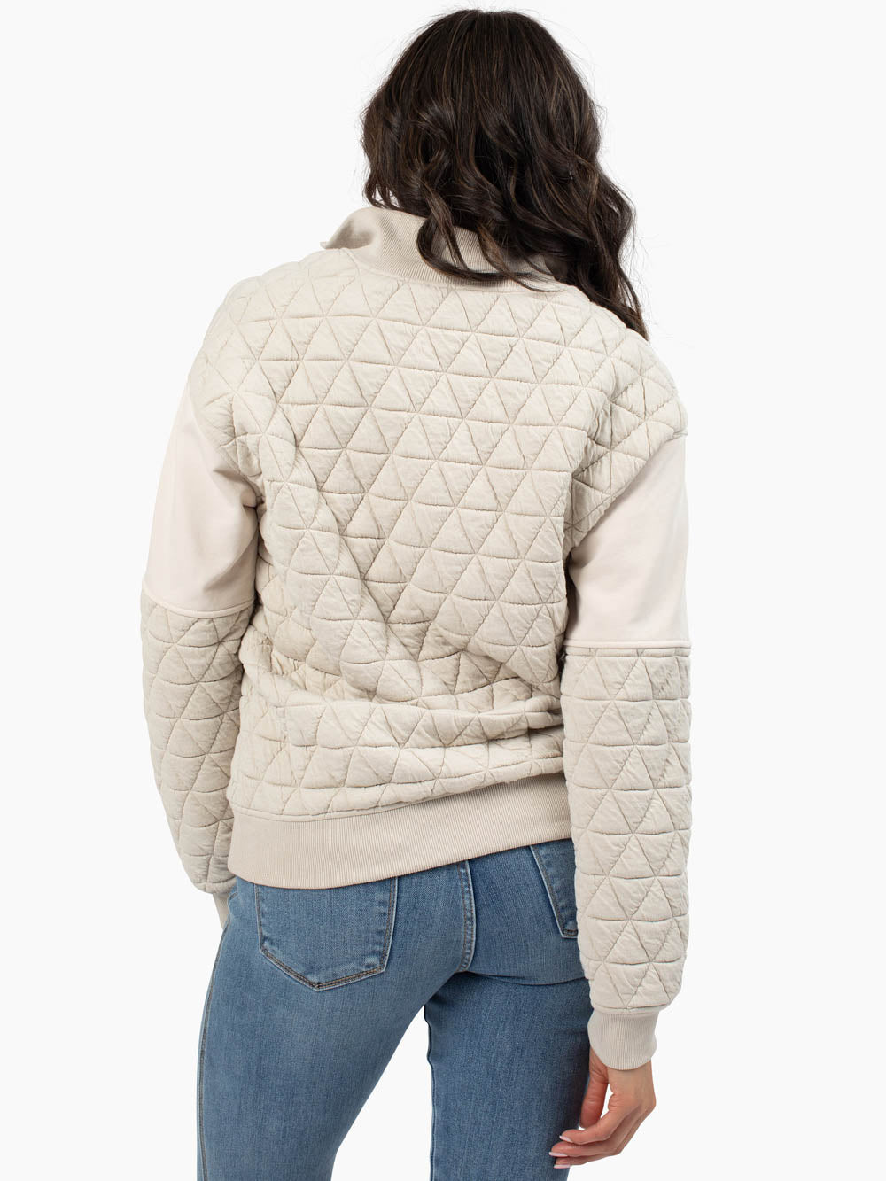 Back view of mushroom quilted half zip sweatshirt for tall women