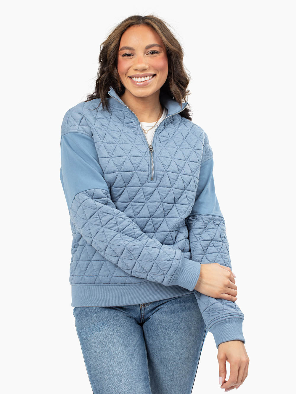Blue quilted half zip sweatshirt for tall women front view