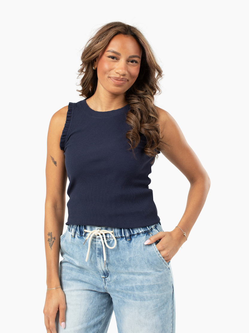 Tall Women’s Ruffle Tank Top in Navy for Long Torsos | Chloe Tank ...