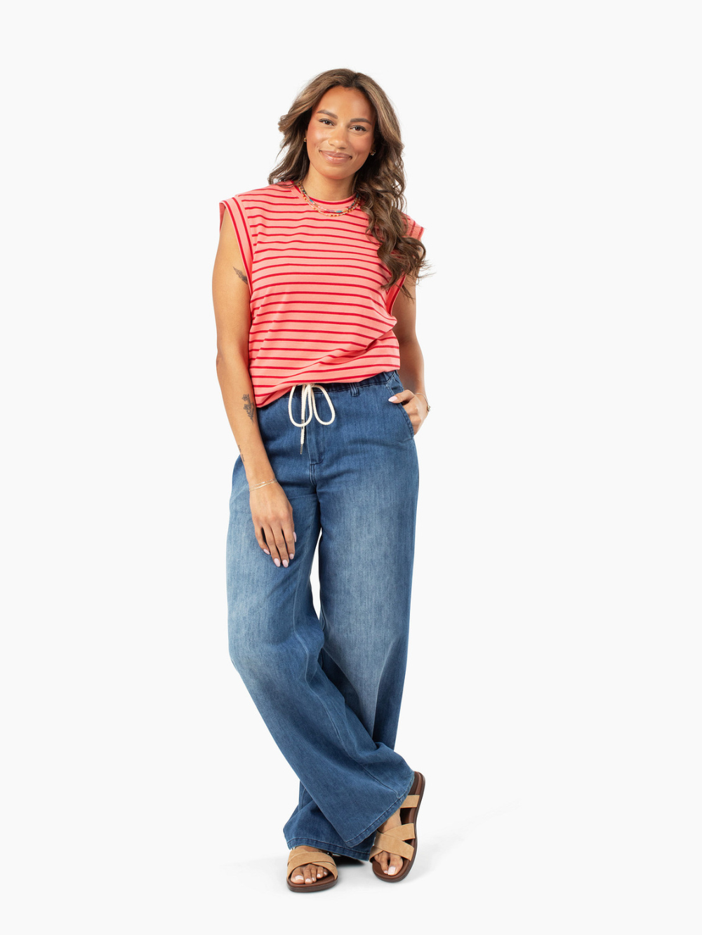 Kally Striped Tall Tank - Coral/Red