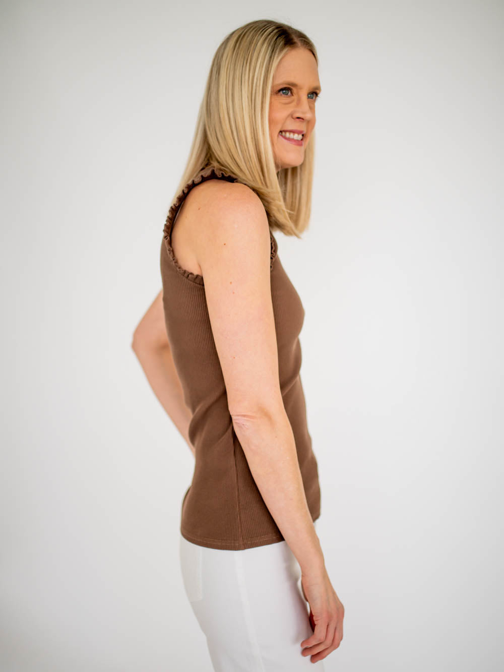 Chloe Ruffle Tall Tank - Brown