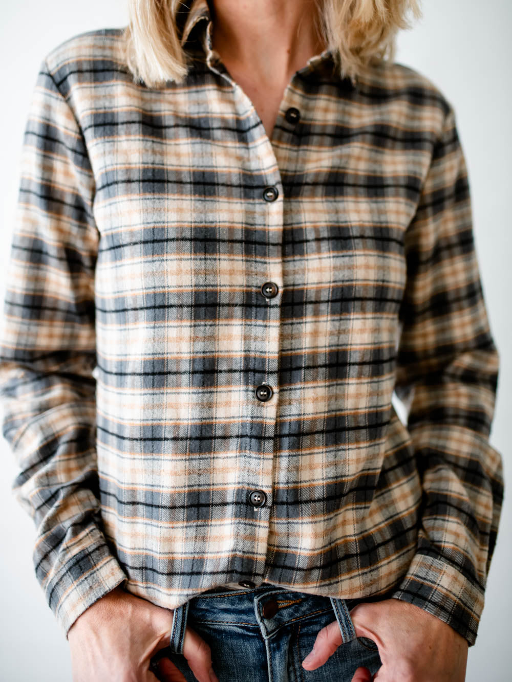 Blue Multi Flannel Button Up for Tall Girls