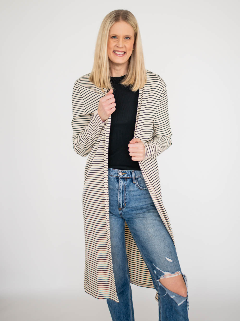 Beckham Striped Duster for Tall Women in Cream/Grey - Amalli Talli