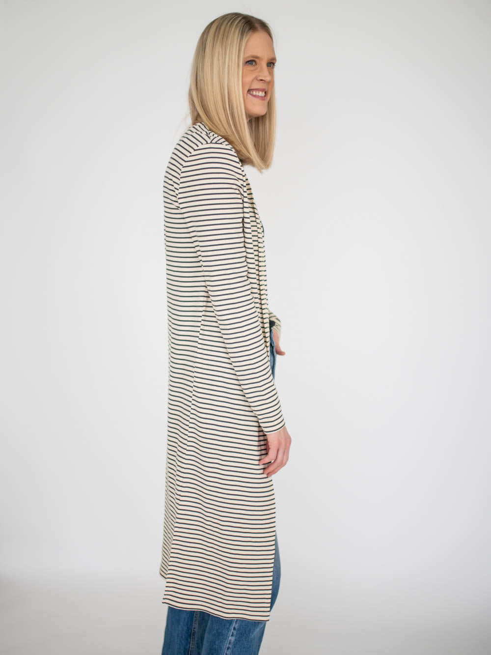 Beckham Striped Duster for Tall Women in Cream/Grey - Amalli Talli