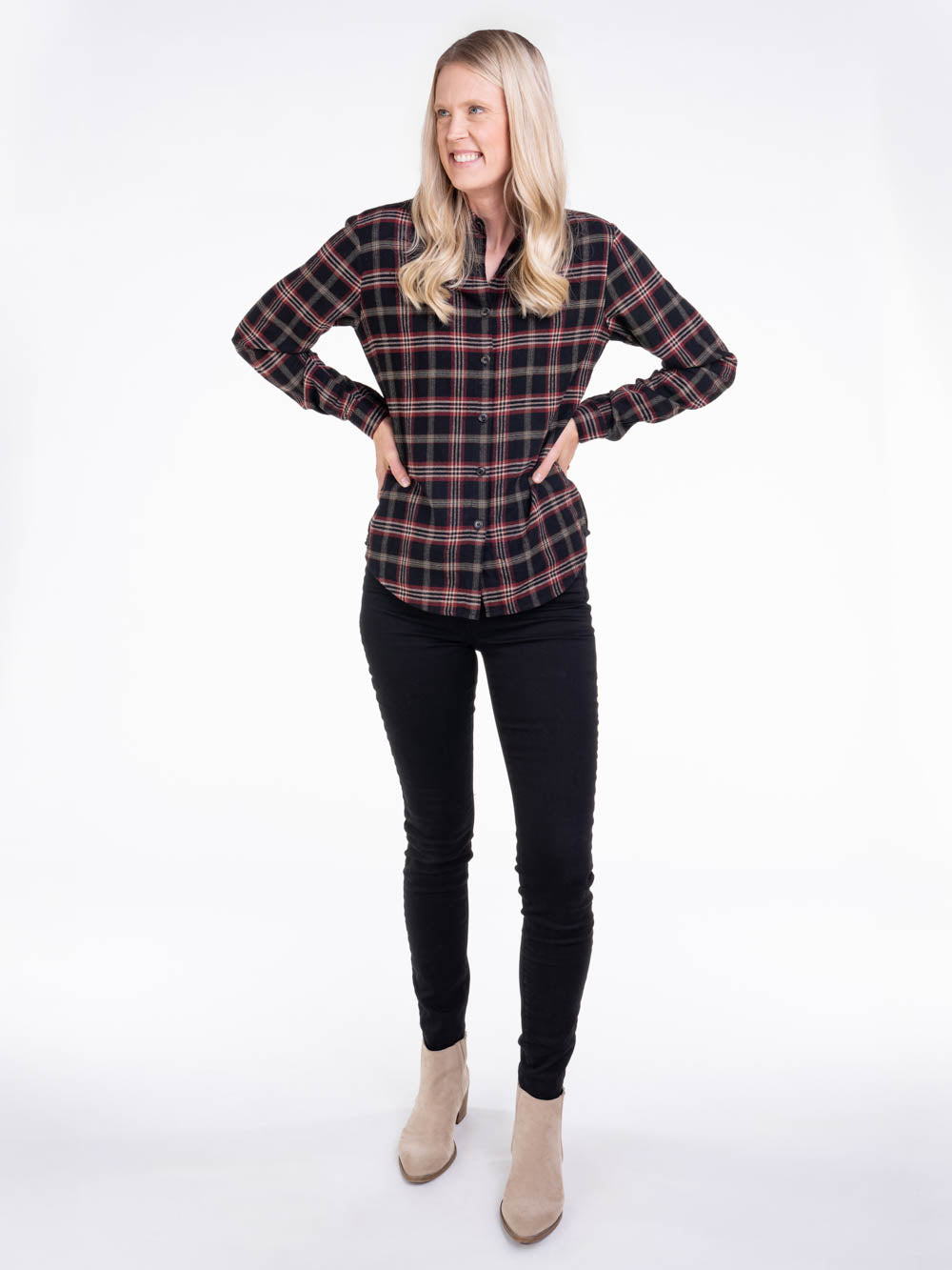 Black Multi Flannel Button Up for Tall Women