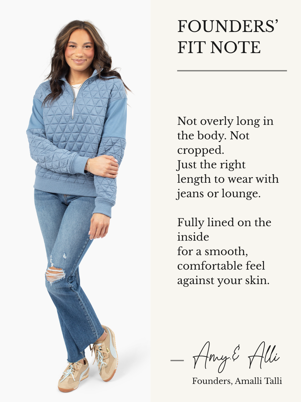 Quilted half zip sweatshirt for tall women in blue and mushroom colors