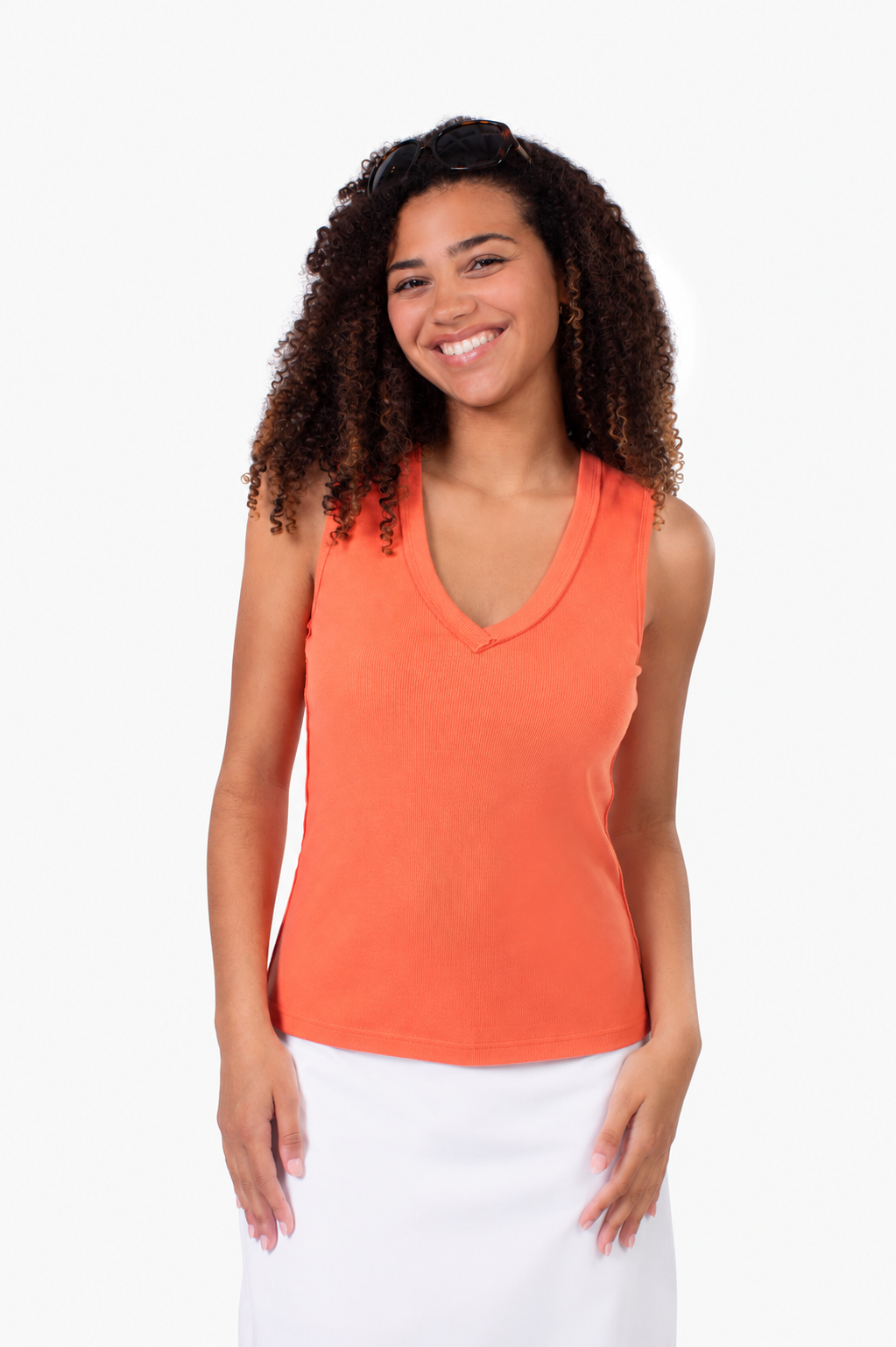 Riviera V-Neck Tall Rib Tank - Coral
