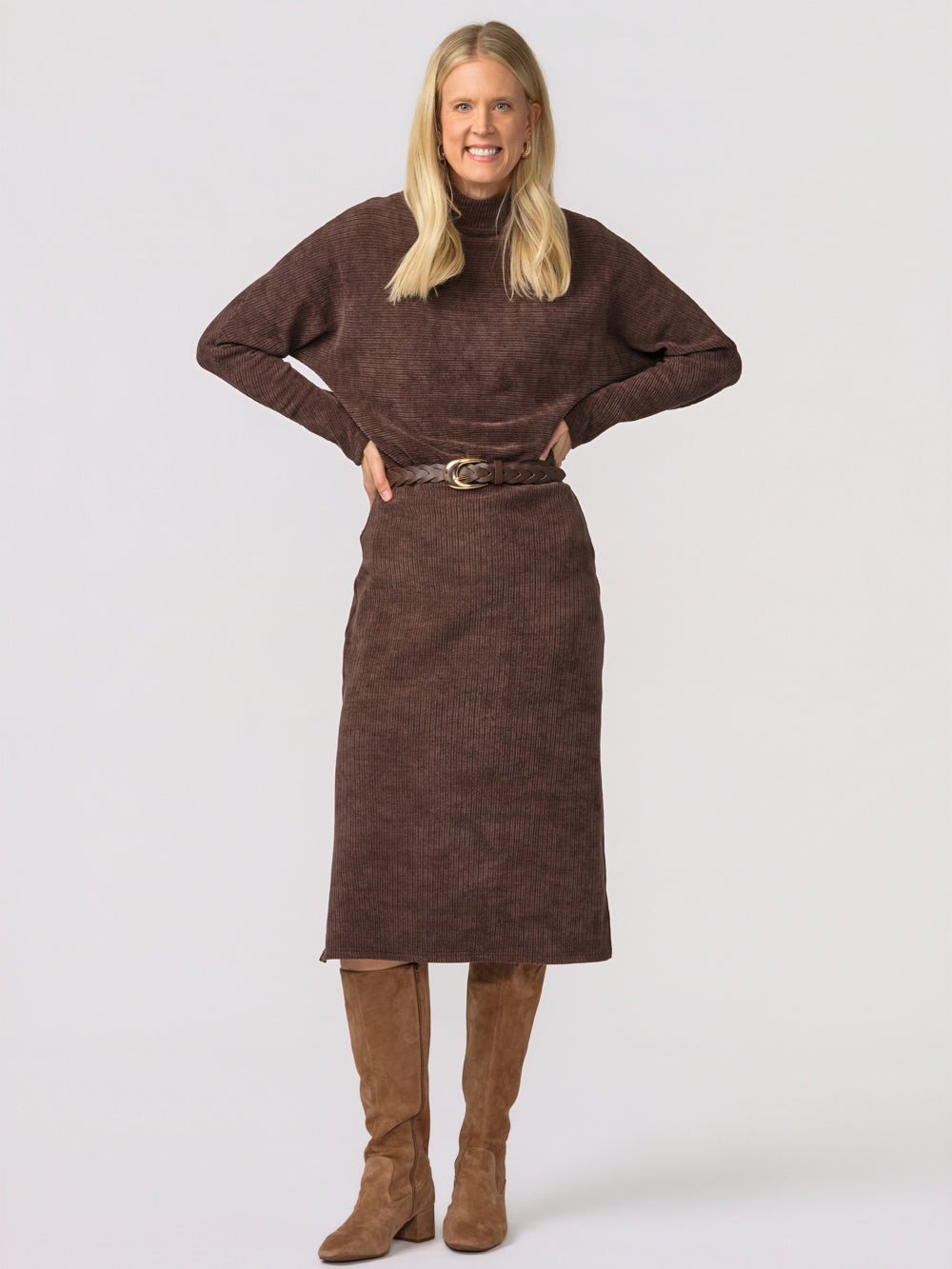 Annika ribbed knit midi dress for tall women in chocolate, front view with tall suede boots