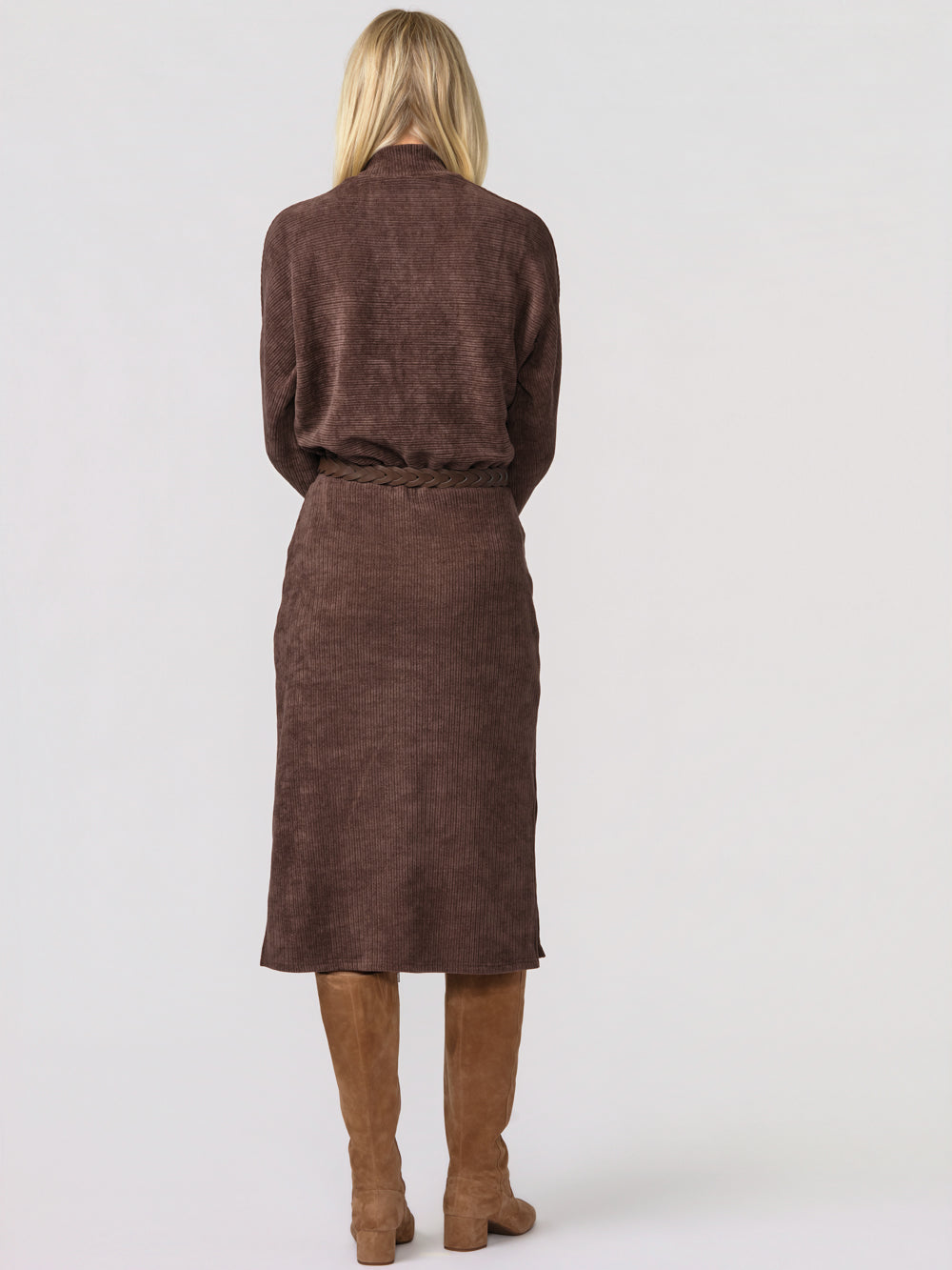 Back view of the chocolate Annika ribbed knit midi dress for tall women