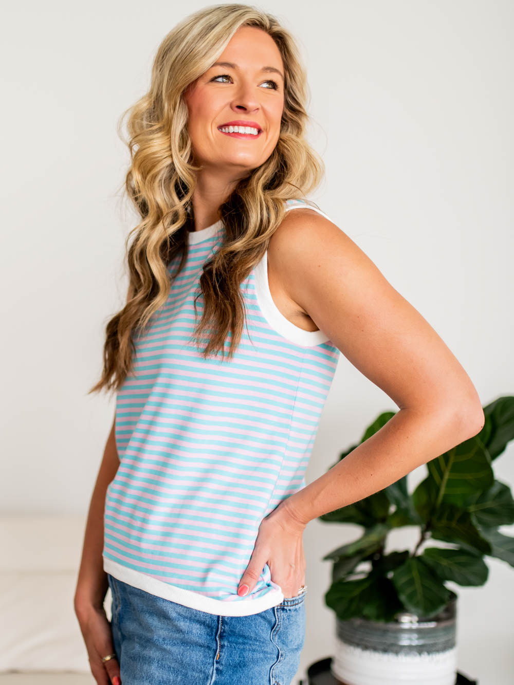 ide view of long-length striped tank top