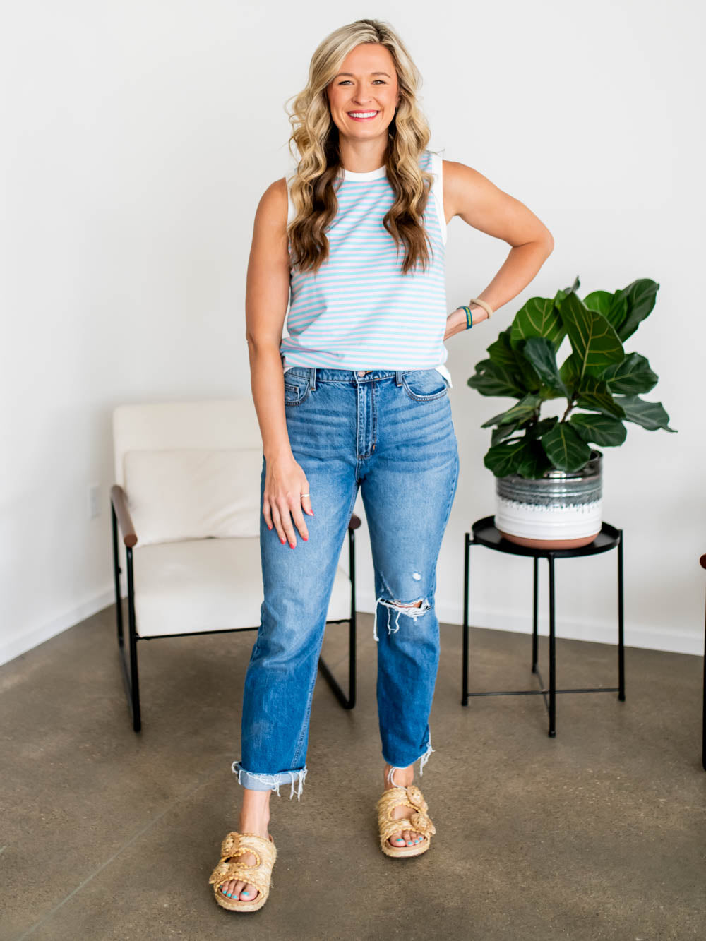 Blush Tide Tall Tank tucked into high-rise jean