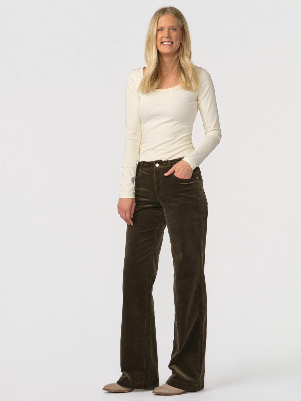 Daphne corduroy wide leg pant for tall women in olive, front view, 38 inch inseam