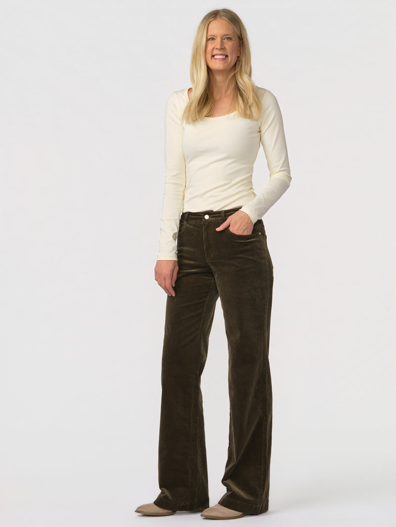 Daphne corduroy wide leg pant for tall women in olive, front view, 38 inch inseam