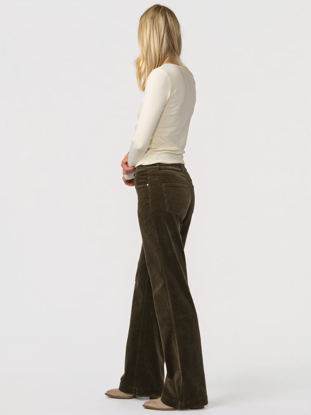 Back view of the Daphne corduroy wide leg pant for tall women in olive