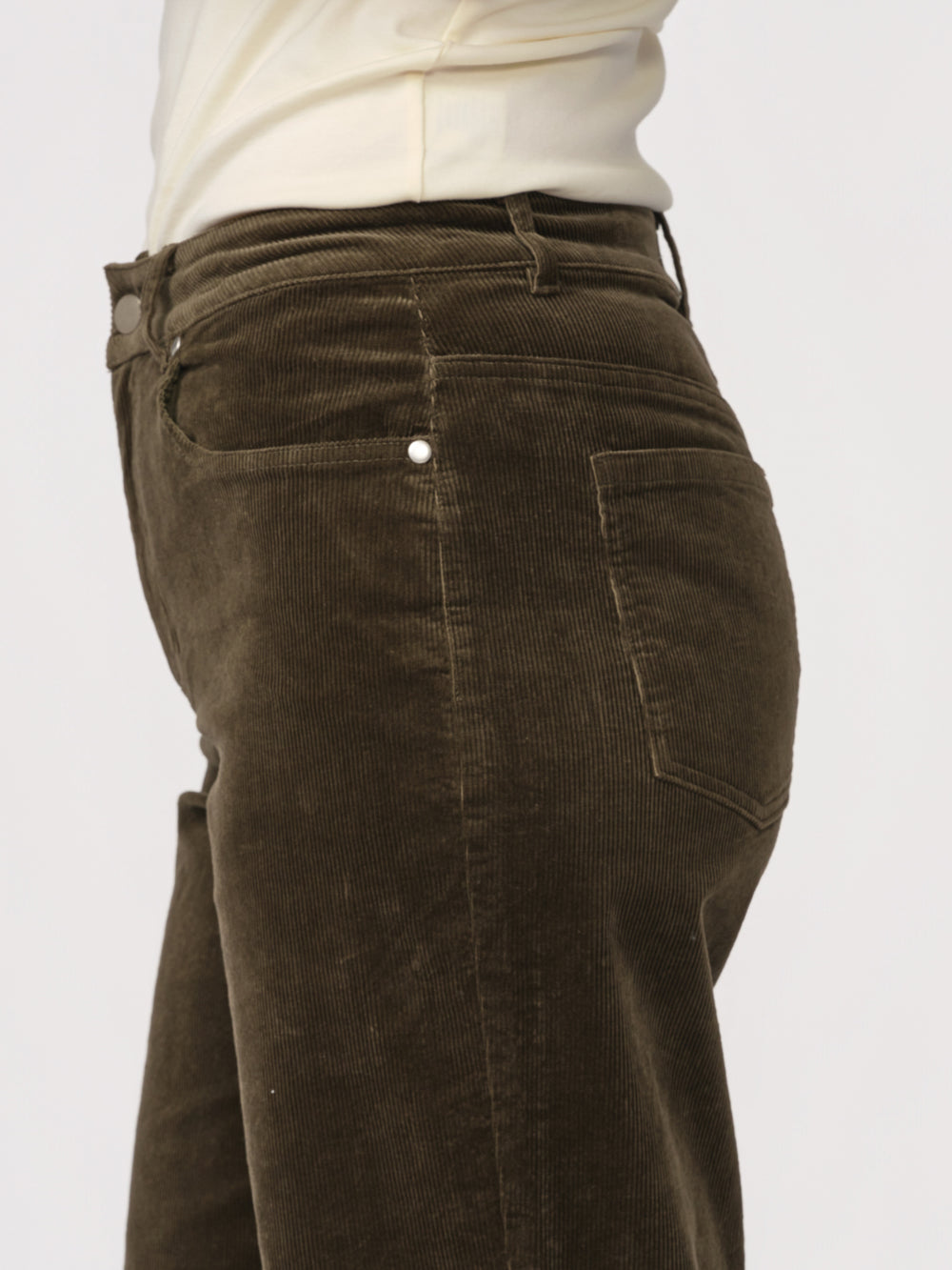 Close-up of the front pocket and corduroy texture on the olive Daphne wide leg pant