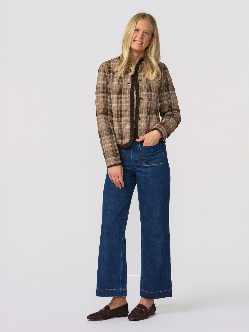 Eloise quilted plaid jacket for tall women, front view, with wide-leg jeans and brown loafers