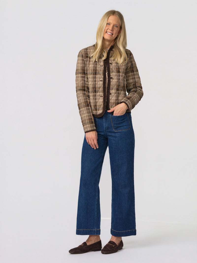 Eloise quilted plaid jacket for tall women, front view, with wide-leg jeans and brown loafers