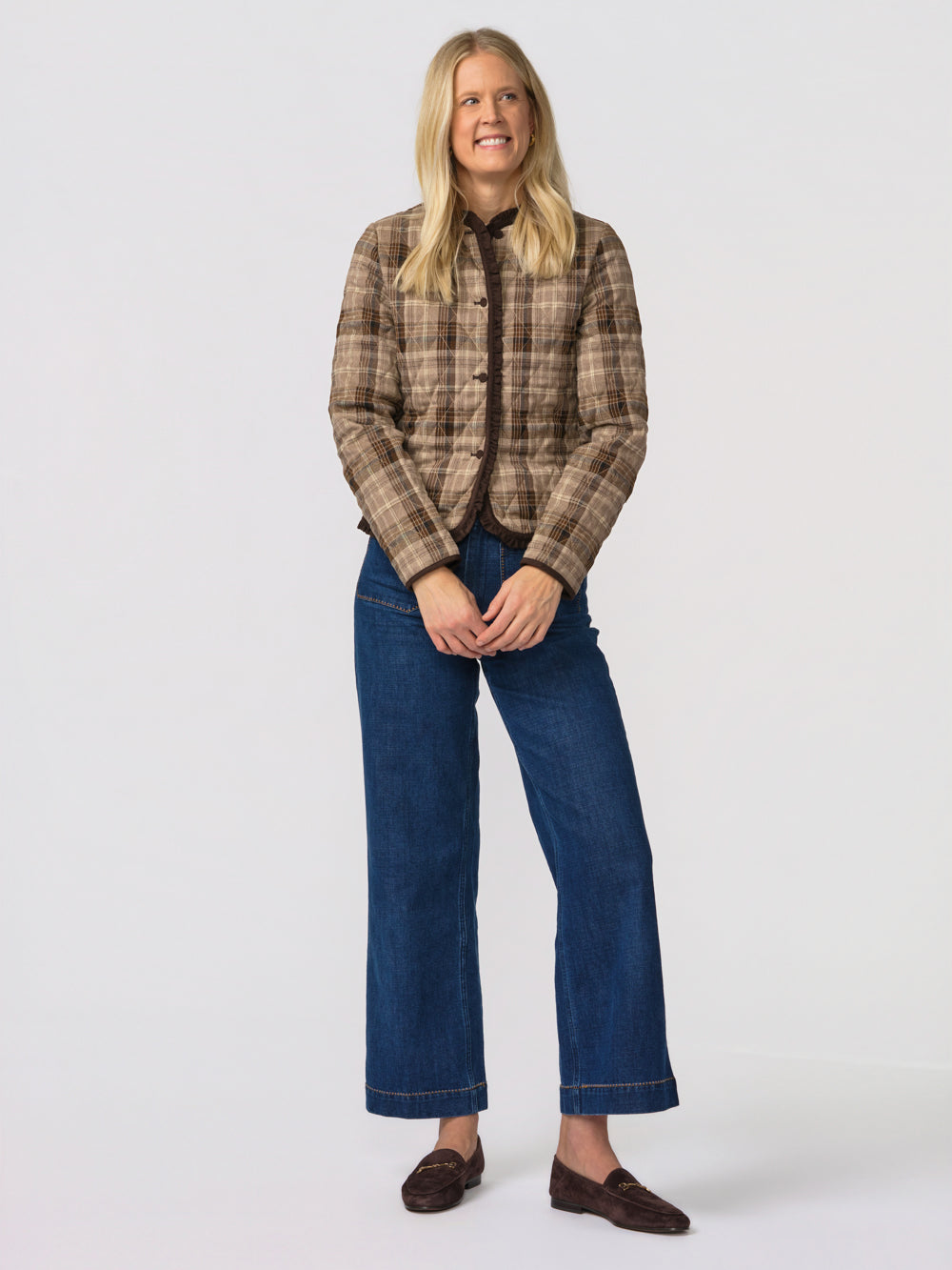 Front view of the Eloise brown plaid jacket for tall women with ruffle trim