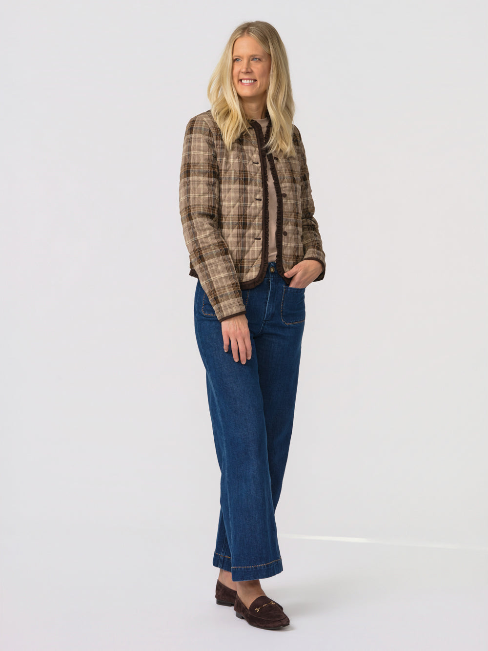 Three-quarter view of the Eloise quilted plaid jacket for tall women