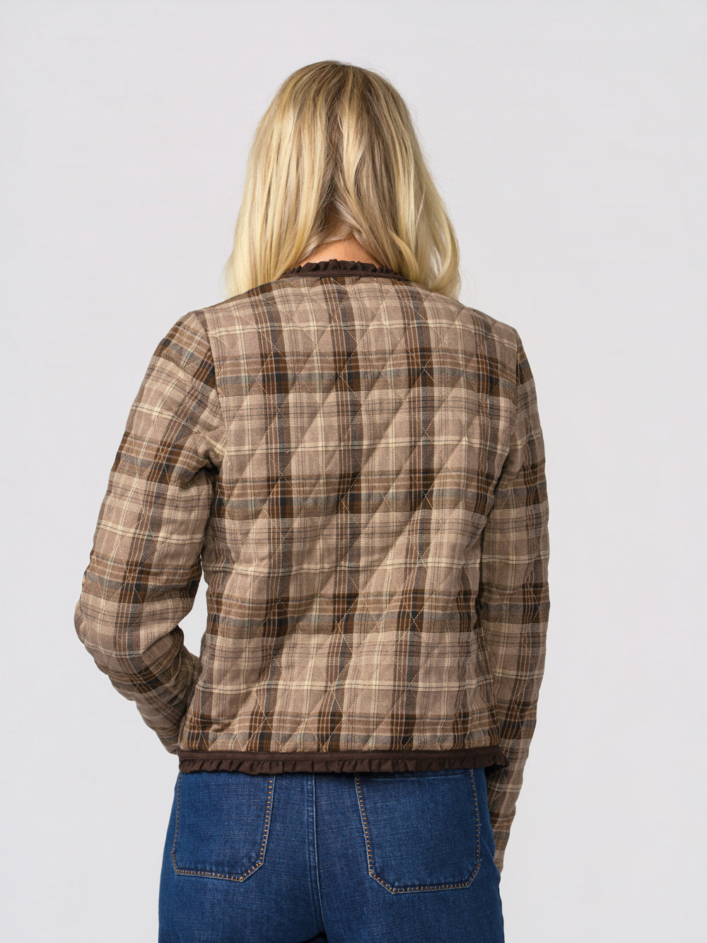 Back view of the Eloise quilted plaid jacket for tall women
