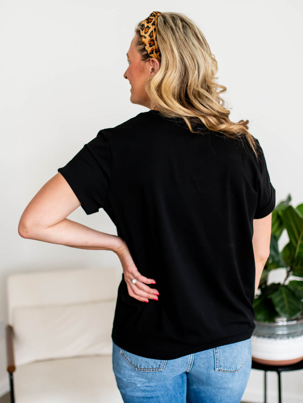 Back view of black cotton Frame tee showing long torso fit for tall women