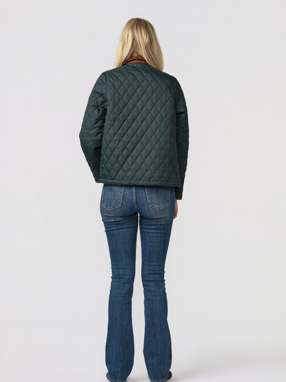 Back view of the green Langley quilted jacket for tall women with diamond quilting