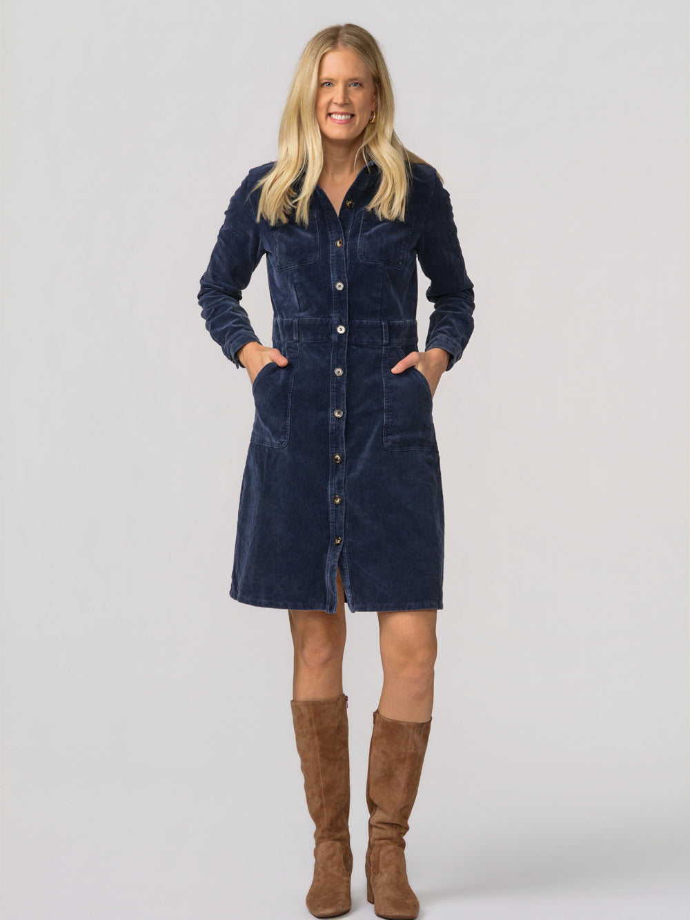 Odette corduroy shirt dress for tall women in navy, front view with tall brown suede boots