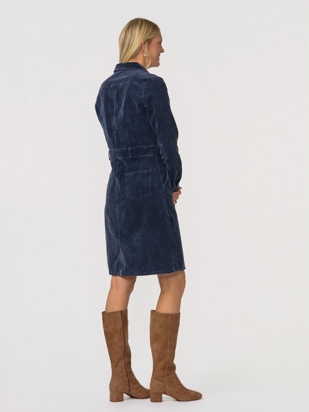 Back view of the Odette corduroy shirt dress for tall women in navy
