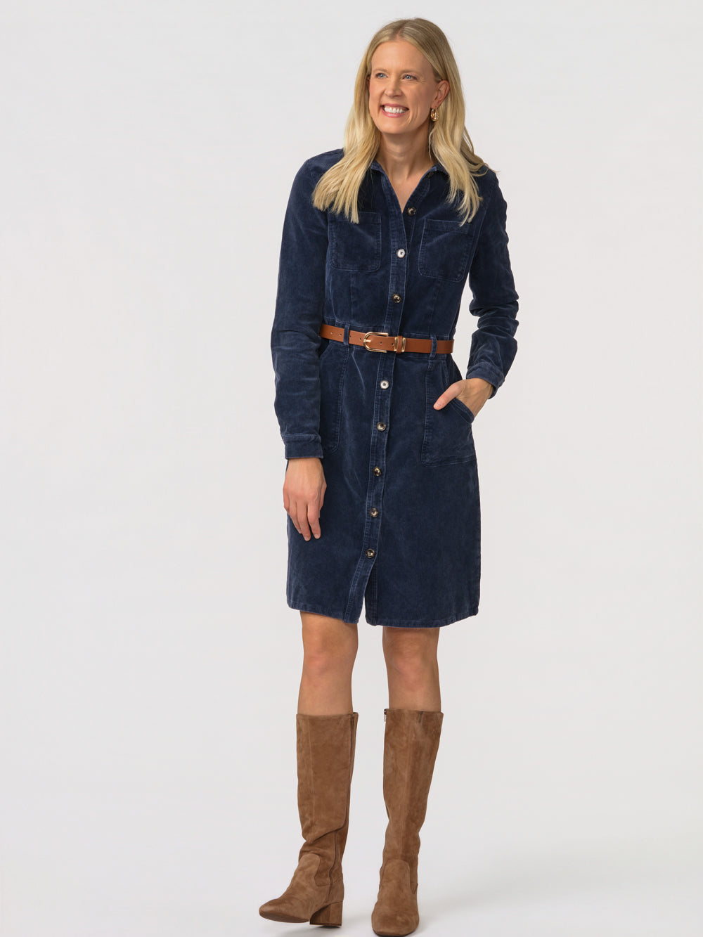 Navy Odette corduroy shirt dress for tall women styled with a brown belt