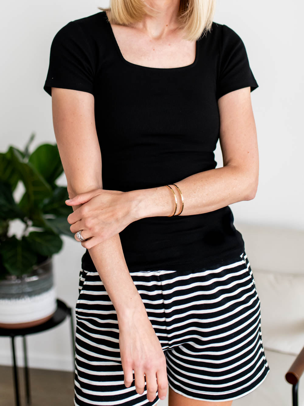 Tall women’s black striped lounge shorts with long inseam and drawstring waist