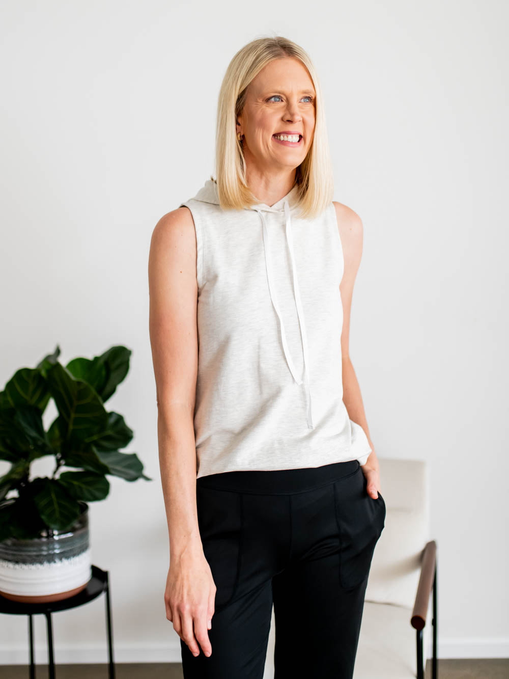 Light grey hooded tank top with drawstring for tall women