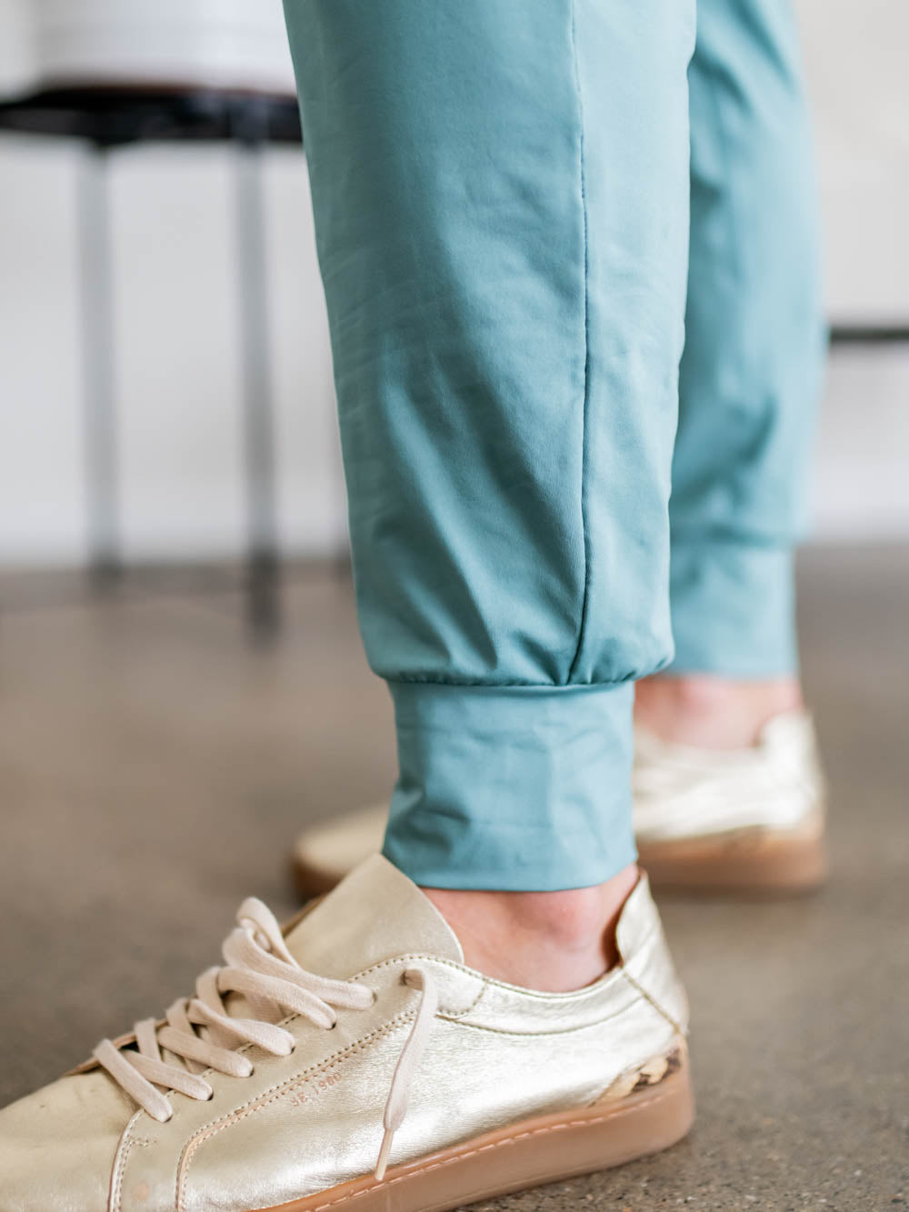 Close-up of ankle detail on tall women’s joggers
