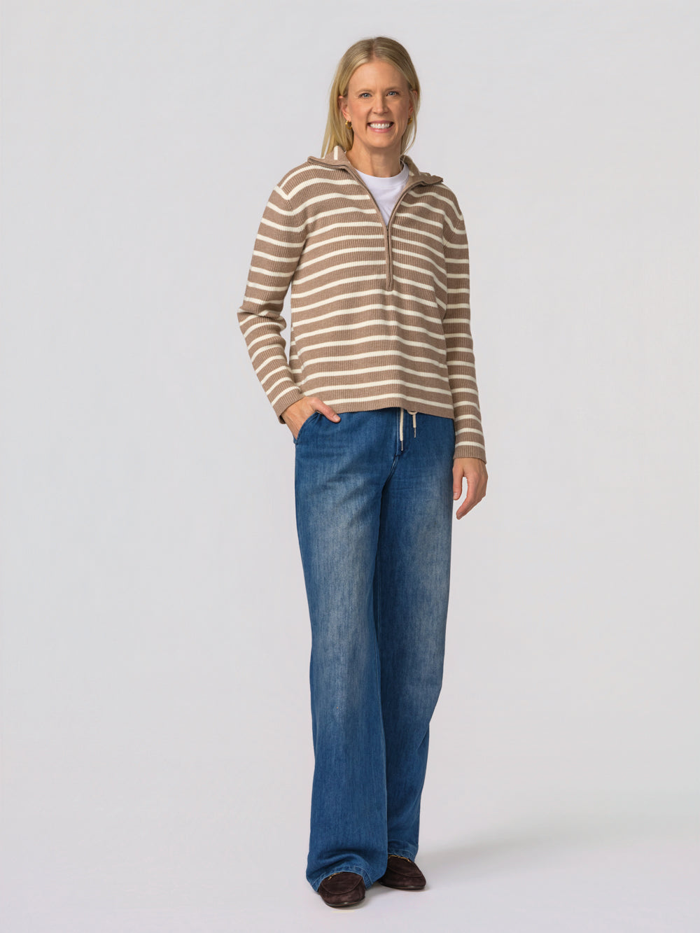 Tatum striped quarter zip sweater for tall women in taupe and cream, front view with wide-leg jeans