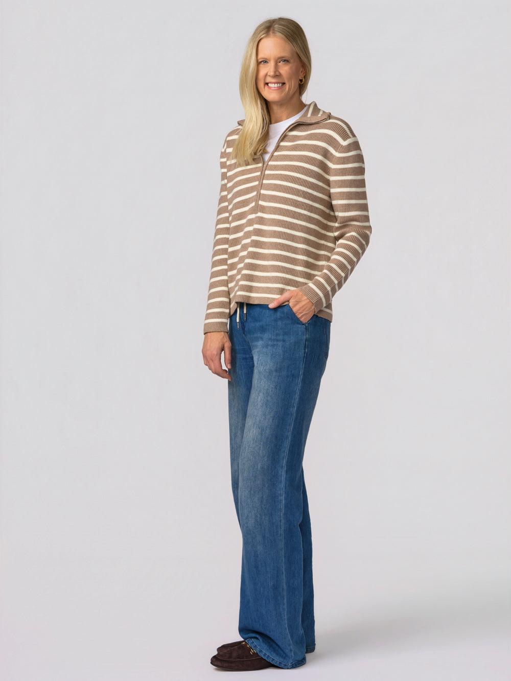 Side view of the Tatum striped quarter zip sweater for tall women showing body and sleeve length