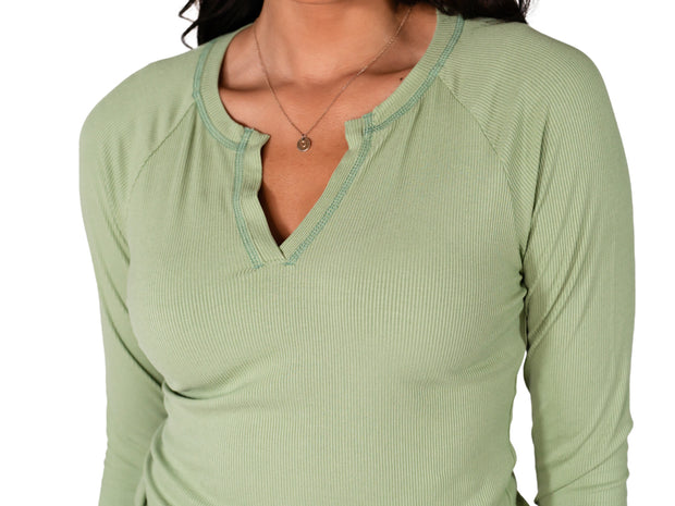 Ribbed V-Neck Long Sleeve Tall Tee - Olive Green