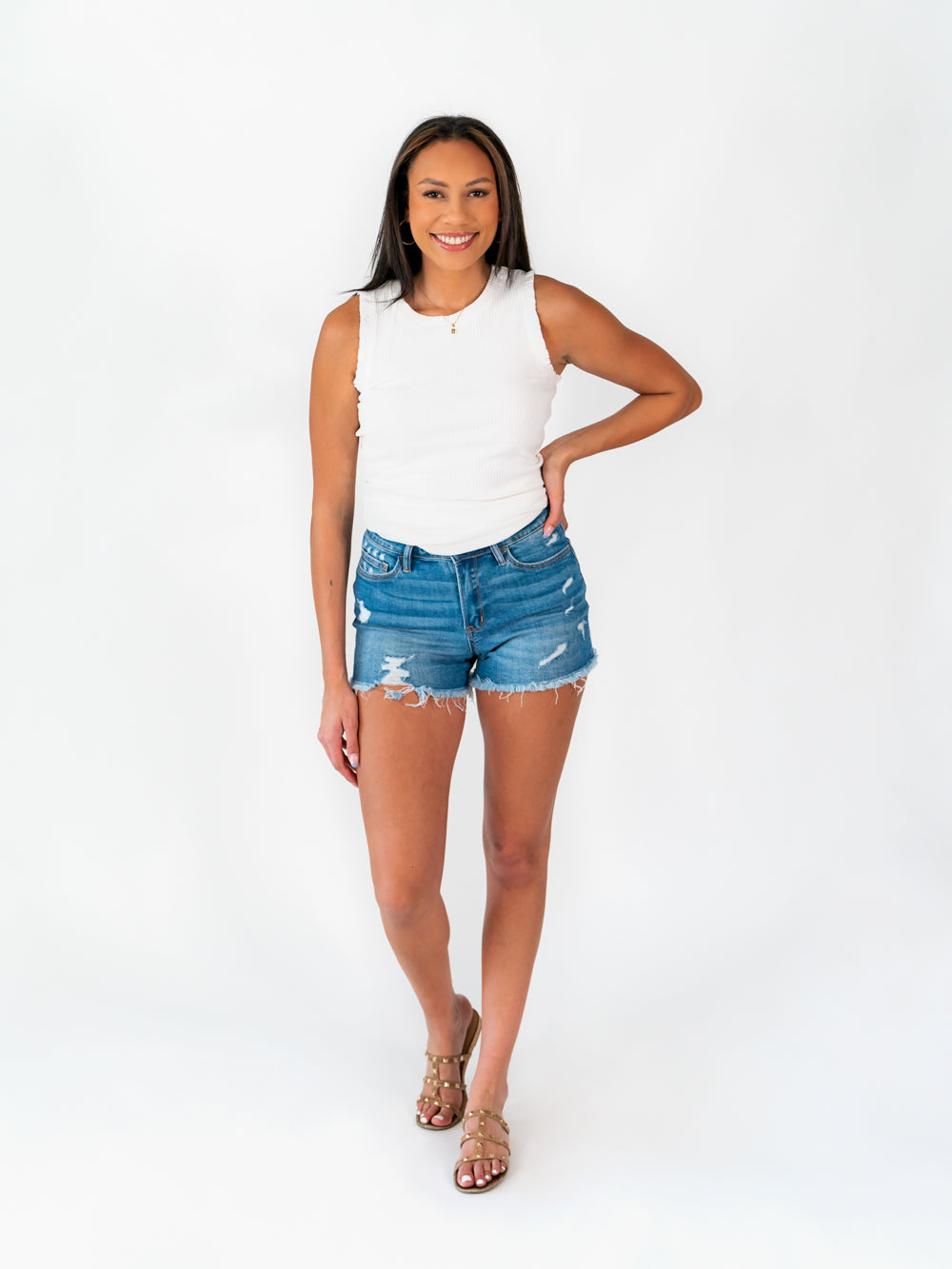 tall distressed jean shorts for women in medium blue wash 