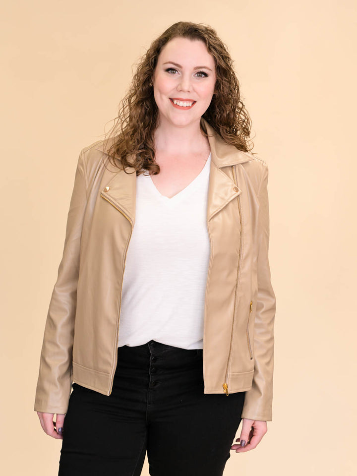 Tan Leather Jacket for Tall Women Front View