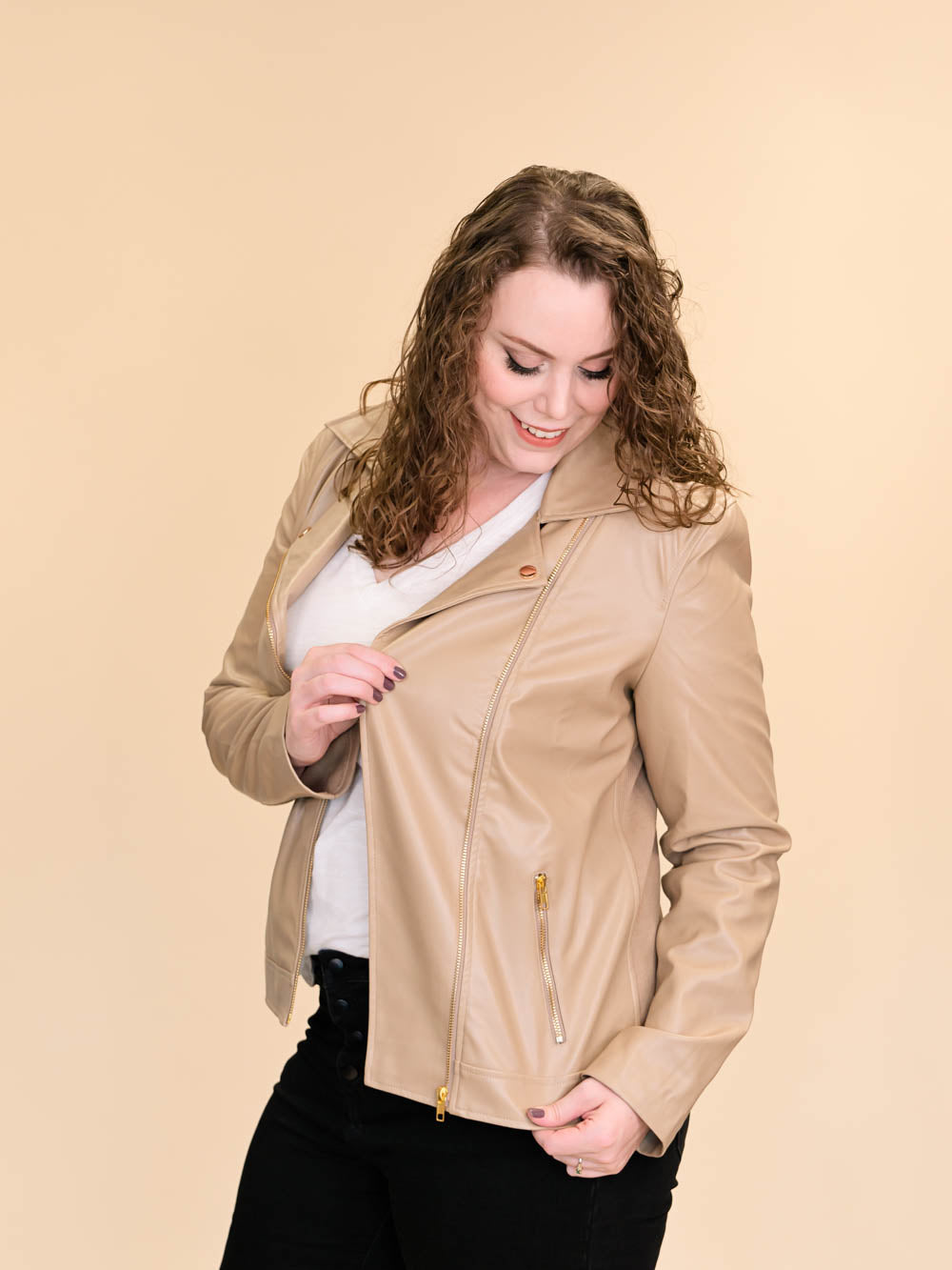 Tan Leather Jacket for Tall Women pocket detail