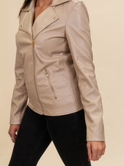 close up detail of tall leather jacket for women