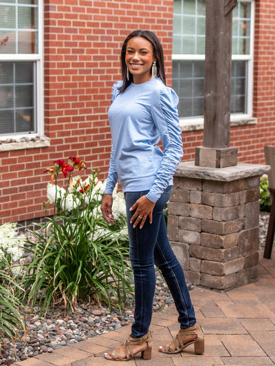 Ruched Long Sleeve Tall Top - Light Blue - FINAL SALE
